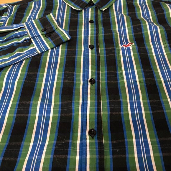 Hollister Long Sleeve Shirt M XXL Green Blue Plaid Cotton Button-Up Pocket Logo - Picture 6 of 10